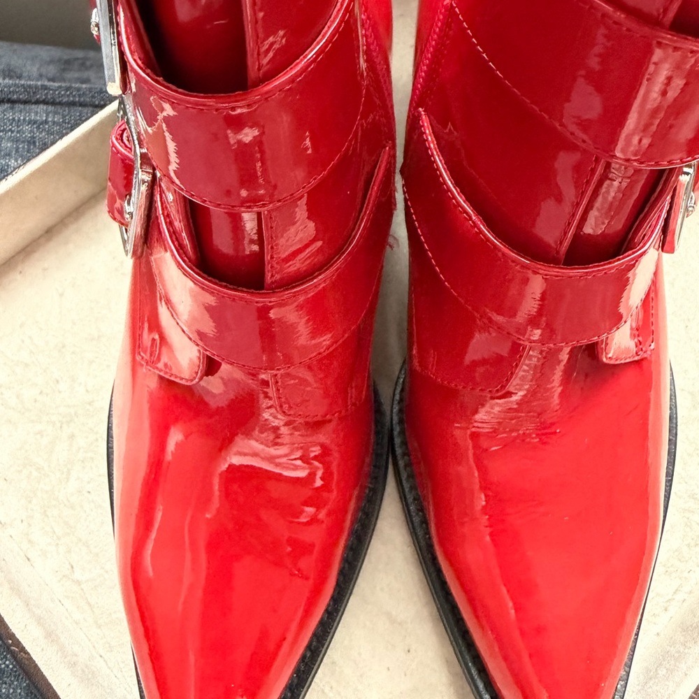 Django & Juliette Marzena Buckled Red Patent Leather Ankle Boots - Picture 14 of 16